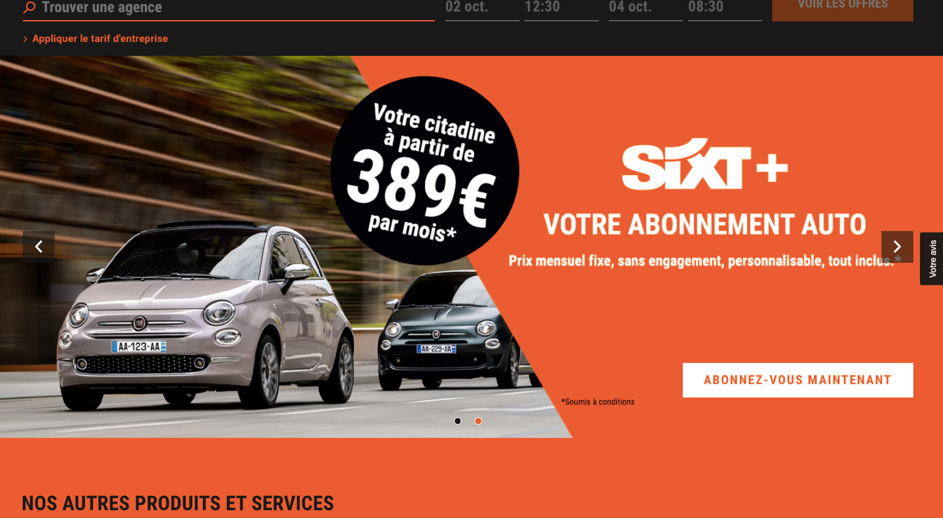 Page d'accueil du site Sixt